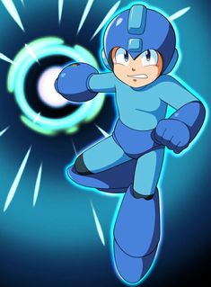 a cartoon character flying through the air in front of a blue object with light coming from it