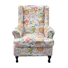 an upholstered chair with colorful flowers on the back and arms, against a white background