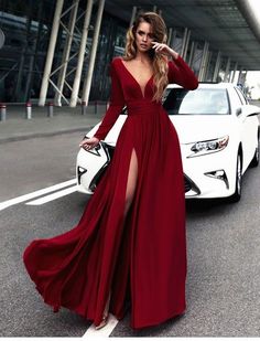 Prom Season Gown With Sweep Train And Split, V-neck Gown With Sweep Train For Night Out, Prom Dresses With Sweep Train And Split Shape, Prom Maxi Dress With Sweep Train And Split, Split Maxi Dress With Sweep Train For Prom, V-neck Prom Gown With Sweep Train, Prom Gown With Sweep Train And V-neck, V-neck Gown For Prom Night Out, Party Maxi Dress With Sweep Train And Split