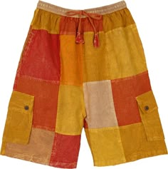 Set up for some summer hippie-style fun with these sunny-colored woven cotton shorts! With an elastic drawstring waist, pockets and box pockets in the front, the shorts are very hippie-comfy and in an easy pull-up style. The patchwork monochromatic patterns feature shades of orange and yellow. #tlb #vacationclothing #beachwrap #Solid #bohemianfashion #Pocket #BohemianShorts Bohemian Drawstring Shorts For Beach Season, Yellow Drawstring Shorts For Summer, Casual Festival Shorts, Casual Shorts For Beach Season Festivals, Yellow Drawstring Shorts, Short Length Cargo Shorts For Vacation, Beach Cargo Shorts For Summer, Spring Beach Cargo Shorts With Pockets, Spring Beach Shorts With Cargo Pockets