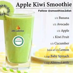 a green smoothie in a tall glass with a kiwi slice on top