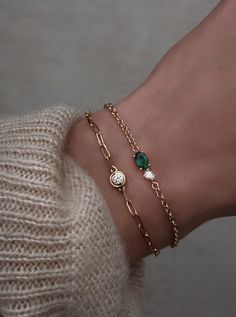 14kt gold diamond and emerald duo bezel bracelet on adjustable 6 - 7 inch chain *total diamond weight: .20ct *total emerald weight: .55ct Emerald Duo, Luna Skye, Paperclip Bracelet, Engagement Necklaces, Bezel Bracelet, Bff Gifts Diy, Double Band Rings, Choker Pendant, Coin Earrings