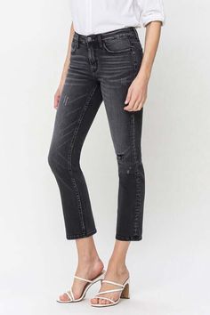 The Mid Rise Crop Slim Straight Jeans offer a blend of comfort and style for your everyday wear. Crafted from stretch denim, they provide ease of movement while maintaining their shape throughout the day. With a mid-rise waist, they offer a flattering fit that sits comfortably on the hips. The slight distressed detailing adds a touch of edginess to the look, giving it a modern and trendy vibe. Style: Casual Print / Pattern: Slight Distressed Silhouette: Straight Jeans Fit: Regular Embellishment: Everyday Washed Black Mid-rise Jeans, Mid-rise Washed Black Flare Jeans, Washed Black Mid-rise Flare Jeans, Washed Black Mid-rise Relaxed Fit Jeans, Washed Black Relaxed Fit Mid-rise Jeans, Mid-rise Washed Black Jeans For Fall, Fall Mid-rise Washed Black Jeans, Fall Washed Black Mid-rise Jeans, Mid-rise Washed Cropped Jeans