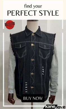 Punk Lapel Sleeveless Black Denim Jacket for Men Edgy Streetwear Vest For Spring, Spring Punk Streetwear Vest, Edgy Denim Vest For Fall Streetwear, Spring Black Denim Vest, Black Cotton Denim Vest For Winter, Trendy Black Cotton Denim Vest, Punk Style Denim Vest For Fall Streetwear, Punk Denim Vest For Fall Streetwear, Casual Cotton Vest For Concert