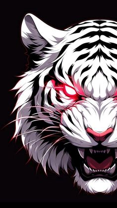 a white tiger's face with red eyes and sharp teeth on a black background