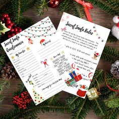 two printable christmas party game cards on top of pine branches