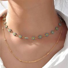 Cute Layered Beach Necklace Flower Decor On Gold Chain Summer Chain Choker Necklace, Summer Choker Necklace With Chain, Trendy Blue Jewelry For Spring, Spring Metal Jewelry With Adjustable Chain, Spring Jewelry Chain As A Gift, Spring Season Jewelry Gift With Chain Detail, Spring Season Gift Jewelry Chain, Trendy Blue Flower Shaped Jewelry, Bohemian Blue Necklaces For Spring