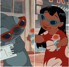 two cartoon characters, one in red and the other in blue with glasses on their faces