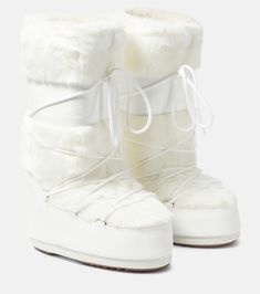 Icon faux fur-trimmed snow boots in white - Moon Boot | Mytheresa Cute Winter Boots, Fur Snow Boots, Pretty Shoes Sneakers, Moon Boot, Adidas Shoes Women, Faux Fur Boots, Made In Romania, Moon Boots, Snow Boots Women