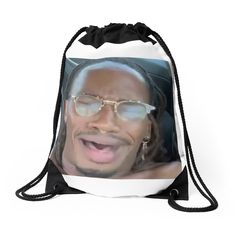 a drawsack bag with an image of a man wearing glasses and making a funny face