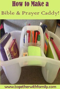 a plastic caddy filled with pens, pencils and other office supplies