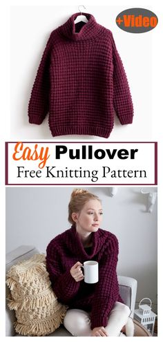 an easy pullover sweater knitting pattern with the text, easy pullover free knitting pattern