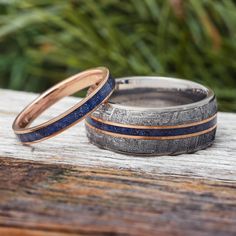 Blue Goldstone Wedding Band Set Wedding Band Rings Couple, Matching Wedding Bands His And Hers Unique, Unique Wedding Bands Matching, Custom Matches Wedding, Pretty Place Chapel, Simple Elegant Necklace, Meteorite Wedding Rings, His And Hers Wedding Bands, Blue Wedding Band