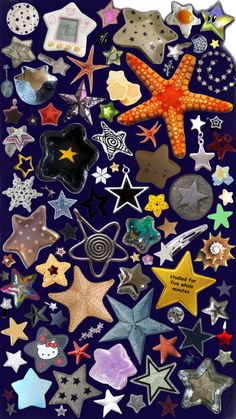 many different colored stars and shapes on a blue background