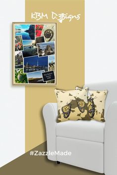 a white chair sitting in front of a wall with pictures on it and the words kpm designs