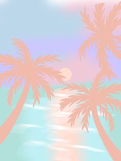 two palm trees on the beach under a blue and pink sky