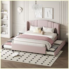 a bedroom with a pink bed and white walls