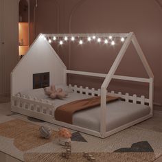 there is a bed that has lights on the top and bottom bunk, with a dog house in the middle