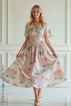 Olivia Mark - Elegant Blooms Midi Dress - Pastel Floral Print with V-Neckline and Elastic Waist Beige V-neck Maxi Dress For Garden Party, Feminine Blush V-neck Maxi Dress, Fitted Beige Floral V-neck Dress, Feminine Floral Print V-neck Dress For Garden Party, Feminine Beige V-neck Maxi Dress, Elegant Beige Floral Dress V-neck, Elegant Beige Floral Dress With V-neck, Elegant Beige V-neck Floral Dress, Feminine Floral Dress With Surplice Neckline For Garden Party