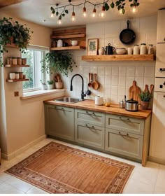 a kitchen filled with lots of counter top space and potted plants hanging from the ceiling