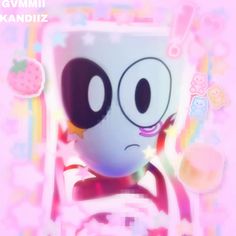 a cartoon character with big eyes and an odd look on his face, standing in front of a pink background