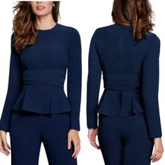 Dress The Population Navy Blue Andreas Long Sleeve Wrap Top Nwt Size 2xs Long Sleeve Zip Closure Peplum Style 97% Polyester 3% Spandex Condition: New With Tags Approximate Measurements (In Inches And Laid Flat): Length: 20 1/2" Pit To Pit 17" Thank You For Checking Out My Closet! Please Let Me Know If You Have Any Questions Ag26 Elegant Long Sleeve Navy Tops, Navy Elegant Long Sleeve Tops, Elegant Navy Long Sleeve Tops, Navy Chic Fitted Tops, Chic Navy Fitted Tops, Blue Fitted Tops For Workwear, Blue Fitted Tops For Work, Elegant Fitted Navy Top, Navy Fitted Tops For Workwear