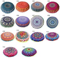 the different colors of decorative pillows are shown in this image, and each has their own pattern