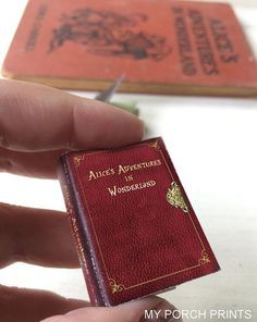 a miniature book being held by someone's hand with two other books in the background