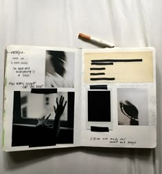 an open book with black and white photos on it