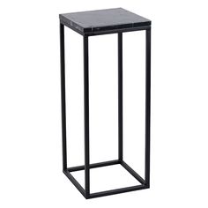 a black metal side table with a square top and bottom, on a white background