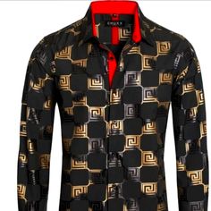 Black Long-Sleeved Shirt With Gold Accents. Formal Black Cotton Top, Black Shirt With Casual Collar For Fall, Black Tops With Casual Collar For Fall, Black Fitted Shirt For Fall, Elegant Black Shirt With Casual Collar, Black Button-up Shirt For Fall, Classic Black Shirt With Casual Collar, Black Fitted Business Tops, Black Collared Shirt For Fall