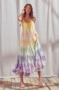 Mode Batik, Color Block Maxi Dress, Pastel Tie Dye, Tie Dye Colors, Tie Dye Maxi Dresses, Rainbow Tie, Rainbow Dress, Tie Dye Maxi, Empire Dress