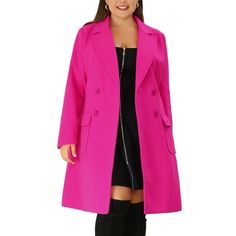 This piece is cut in a double-breasted design with four statement buttons on the front. Finished with pockets and long sleeves, this double-breasted coat looks charming. Slip over your work or casual outfits for on-trend, urban chic. Throw over jeans for an off-duty look, or with tailored trousers for a polished ensemble. Please check your measurements to make sure the item fits before ordering. Measurement (in inches) Size------Shoulder Width----Total Length 1X ------------17 1/4--------------- Pink Double-breasted Long Sleeve Blazer, Pink Outerwear With Lapel Collar And Double-breasted Fastening, Fall Long Sleeve Single Breasted Blazer Dress, Fall Single-breasted Long Sleeve Blazer Dress, Oversized Pea Coat With Buttons, Office Pea Coat With Long Sleeves, Office Long Sleeve Solid Pea Coat, Office Long Sleeve Solid Color Pea Coat, Pink Double-breasted Outerwear With Double Button Closure