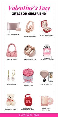 the valentine's day gifts for girlfriend is shown in pink and white, including a teddy