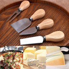 several different types of cheeses on a wooden platter with knives and cheese cutters