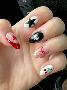 8ball Acrylic Nails, Nails Magic 8 Ball, Checkered Cherry Nails, Red Cherry 8 Ball Nails, Cute Nails Cherry, Easy Bow Nail Art, Acrylics With Bows, Nails Eight Ball, Cherry Eight Ball Nails