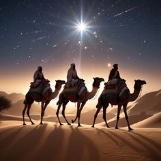 three wise men riding camels in the desert at night with bright star above them