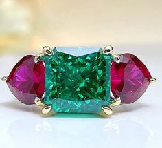 Heart Ruby and Emerald Square 925 Sterling Silver RingRing5 Love And Healing, Rainbow Topaz, Emerald Rings, Power Of Love, Square Ring, Square Rings, The Power Of Love, Emerald Ring, Lab Created Diamonds