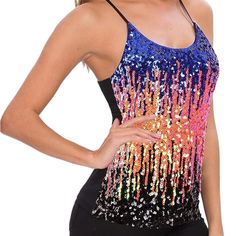 Women’s Sequin Tops Glitter Party Strappy Tank Top Sparkle Summer Tank Top With Sequins And Spaghetti Straps, Summer Sequin Spaghetti Strap Tank Top, Multicolor Sequin Fabric For Spring Night Out, Spring Party Sequin Fabric, Spring Sequin Fabric For Night Out With Shimmer, Spring Night Out Sequin Shimmer Fabric, Spring Night Out Sequin Fabric With Shimmer, Sparkling Sequin Fabric For Spring Night Out, Spring Party Sequin Fabric With Contrast Sequin