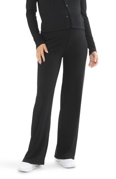 These ribbed pants cut in a straight-leg silhouette are so supersoft and stretchy that you'll want to wear them through your pregnancy and beyond. Pull-on style 78% polyester, 18% viscose, 4% elastane Machine wash, dry flat Imported Chic Ribbed Straight Leg Wide Pants, Chic Ribbed Wide Leg Pants, Sleek Loungewear Bottoms, Full-length Solid Ribbed Pants, Ribbed Straight Workwear Pants, Full Length Solid Ribbed Pants, Solid Ribbed Full-length Pants, Solid Color Ribbed Full Length Pants, Full-length Ribbed Pants For Workwear