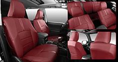 the interior of a car with red leather seats and steering wheel covers in different views