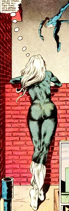 a comic strip with a woman standing on top of a brick wall next to a bird