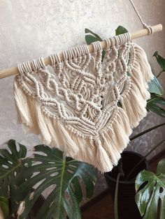 a macrame hanging on a wall next to a potted plant