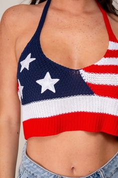 This Red Navy USA Sweater Halter Crop Top features a USA flag design and a sleeveless halter design, perfect for celebrating the 4th of July. Ideal for game day, summer events, or patriotic holidays. Add a touch of pride to any occasion with this top. Fabric & fit: Model is wearing size small. Usa Sweater, Shoes Sandals Heels, Patriotic Holidays, Summer Crop Tops, Halter Crop Top, Heels & Wedges, Summer Events, Swimwear Cover Ups, Swimwear Cover