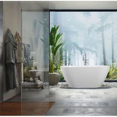 a bathroom with a large bathtub next to a walk in shower and a potted plant