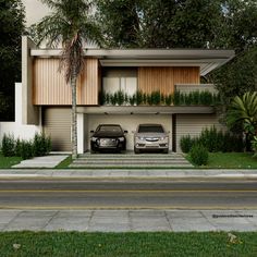 two cars are parked in front of a house with palm trees on the side walk