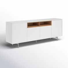 the sideboard is white and has two wooden shelves