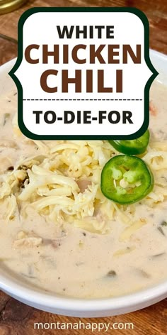 White Chicken Chili recipe in a white bowl on a rustic surface. White Chicken Chile, Creamy White Chili, Creamy White Chicken Chili Recipe, Chicken Chili Soup, White Chili Recipe, Chicken Chile, White Chicken Chili Slow Cooker, White Chicken Chili Recipe, Green Chilis