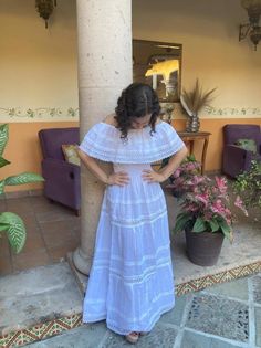 Beautiful long peasant dress with lace details, and spring at the waist made by an artisan from the state of Oaxaca, Mx. This dress is one size fits all size S/M/L This beautiful dress is made with a blanket and ribbed lace detailing at the waist for a comfortable fit. We ship anywhere in the world, from Tepic, Nayarit, MX. We recommend hand washing with cold water, gentle to the shade, to better preserve the original color Mexican Dresses Traditional, Hispanic Clothing, Mexican Traditional Clothing, Folklorico Dresses, Mexico Dress, Spanish Clothing, Traditional Mexican Dress, Spanish Dress, Mexican Fashion