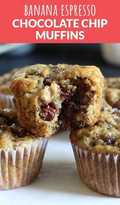 banana espresso chocolate chip muffins on a white plate